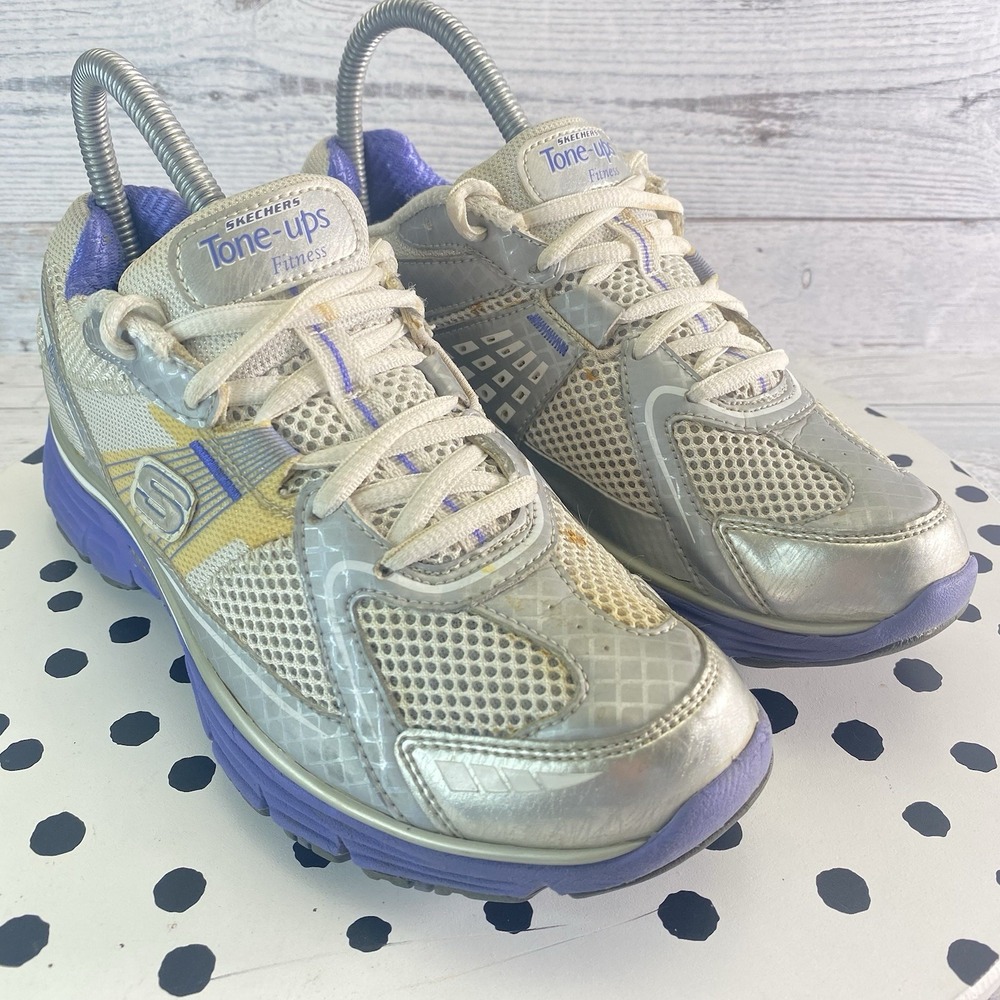 Skechers Tone Ups Shoes Womens 6.5 Silver Blue Mesh Running Walking Comfort Nice